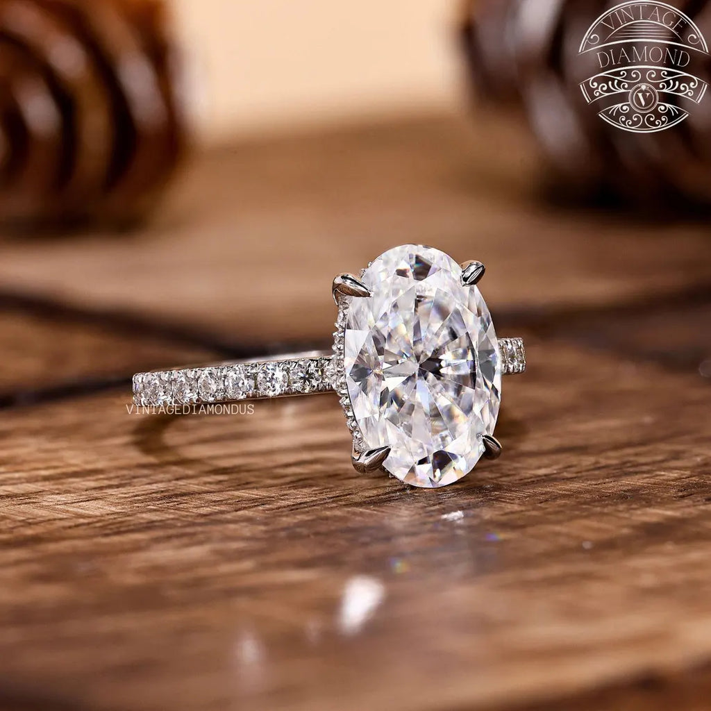 4.0CT Classic Vintage Style Oval Moissanite Ring, Oval Cut Solitaire Diamond Ring, Gorgeous Hidden Halo Anniversary Ring, White Gold Ring