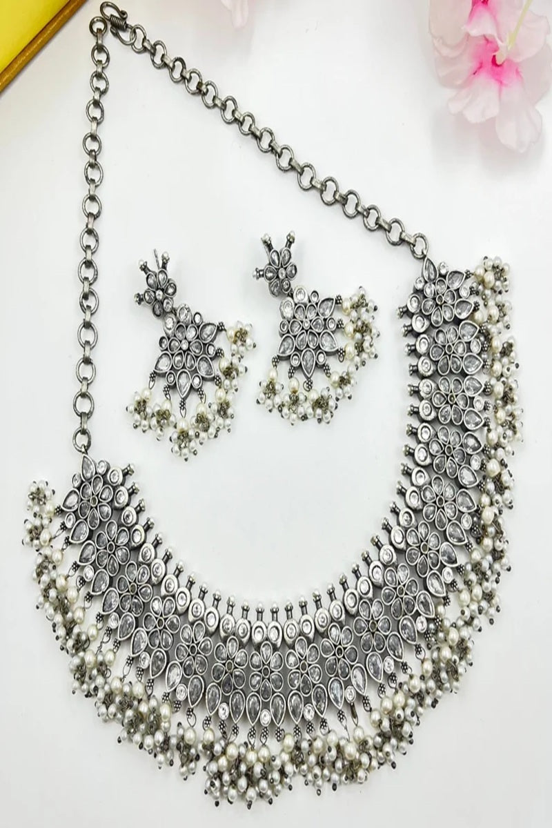 Vastrabhushan Oxidized Silver Choker Necklace Set: Pearl & Kundan Stone Indian Jewelry