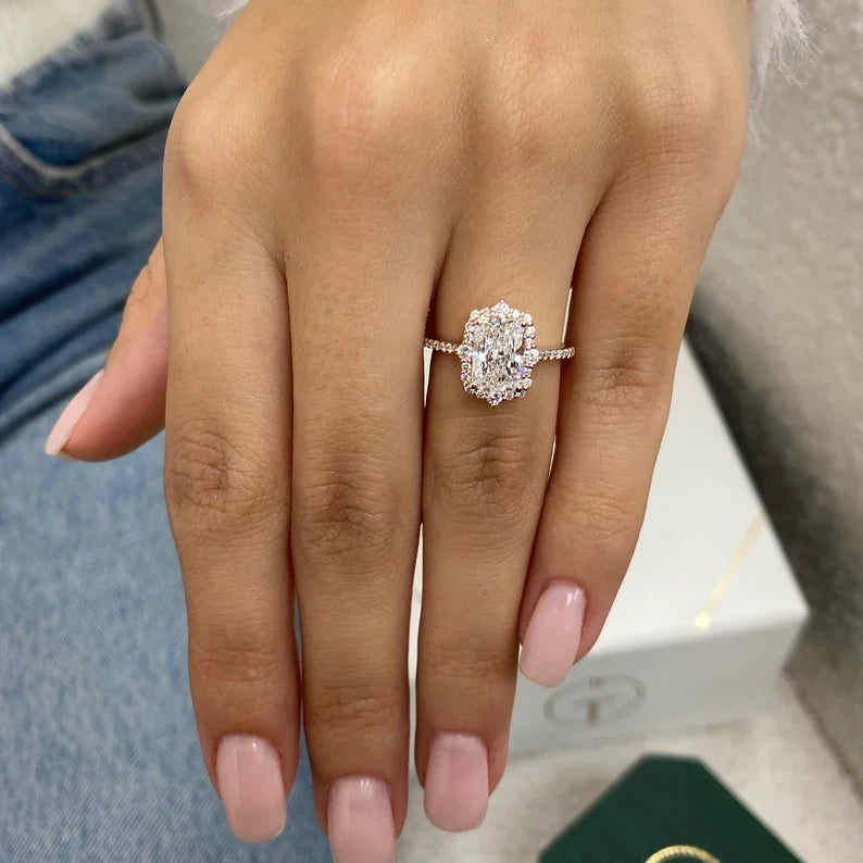 1.8ct E/VVS2 Radiant Cut Lab Created Diamond Proposal Ring 14K Rose Gold Setting Round Side Stones Cut
