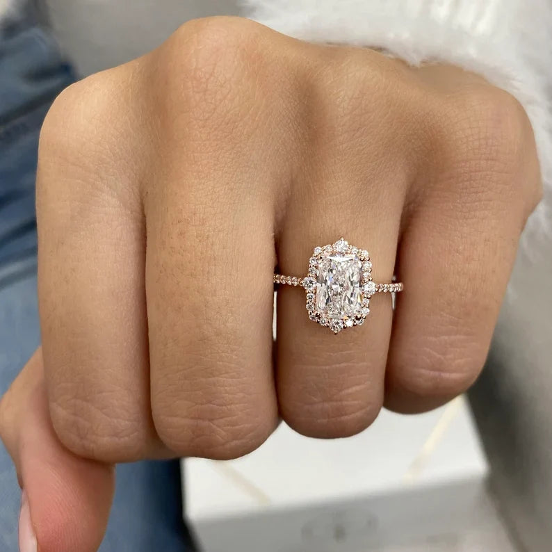 1.8ct E/VVS2 Radiant Cut Lab Created Diamond Proposal Ring 14K Rose Gold Setting Round Side Stones Cut