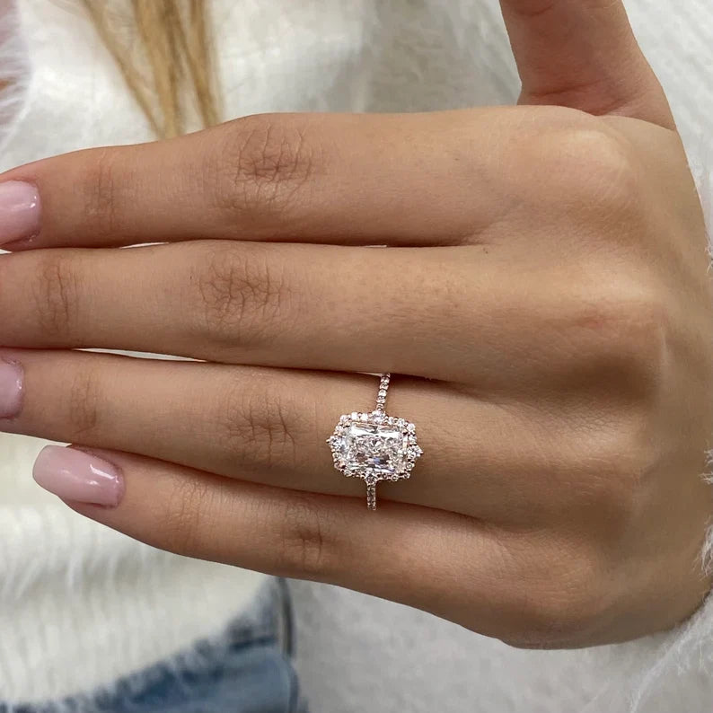 1.8ct E/VVS2 Radiant Cut Lab Created Diamond Proposal Ring 14K Rose Gold Setting Round Side Stones Cut