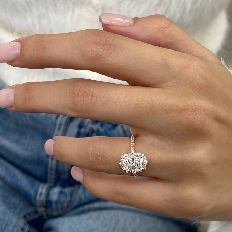 1.8ct E/VVS2 Radiant Cut Lab Created Diamond Proposal Ring 14K Rose Gold Setting Round Side Stones Cut