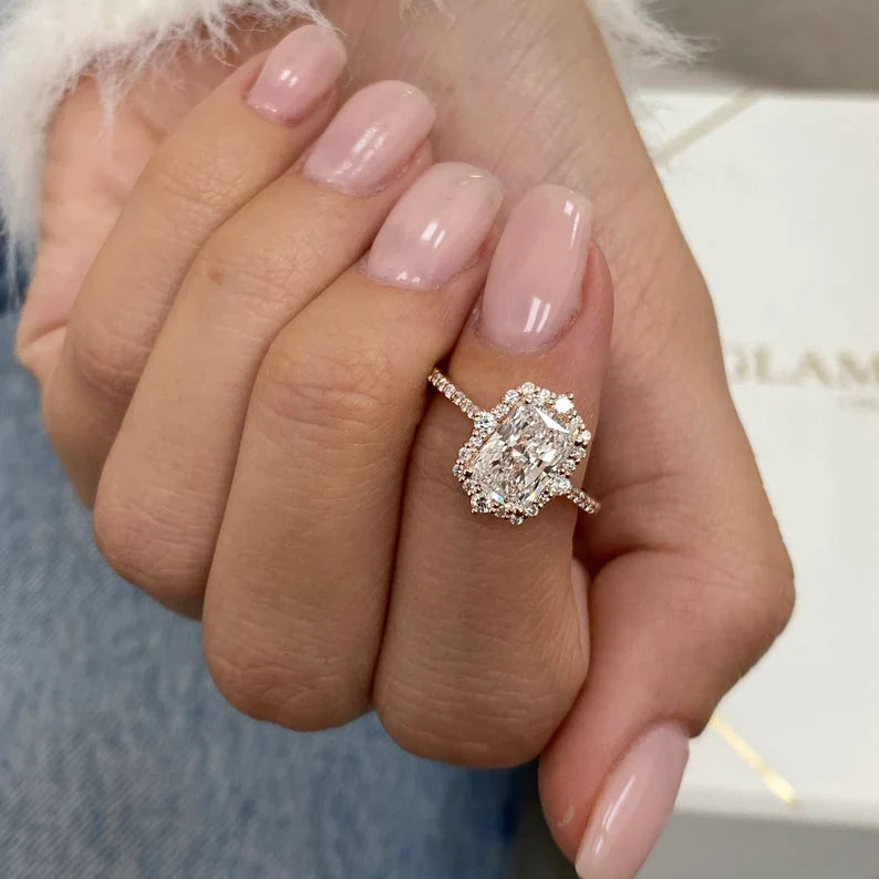 1.8ct E/VVS2 Radiant Cut Lab Created Diamond Proposal Ring 14K Rose Gold Setting Round Side Stones Cut