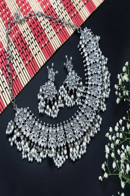 Vastrabhushan Oxidized Silver Choker Necklace Set: Pearl & Kundan Stone Indian Jewelry