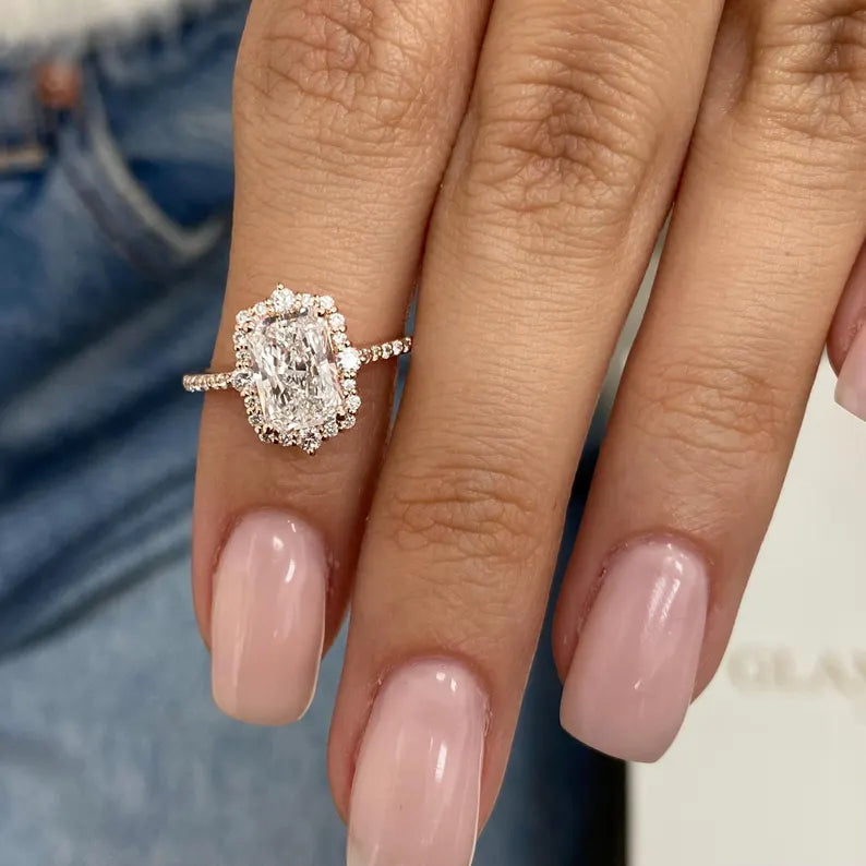 1.8ct E/VVS2 Radiant Cut Lab Created Diamond Proposal Ring 14K Rose Gold Setting Round Side Stones Cut