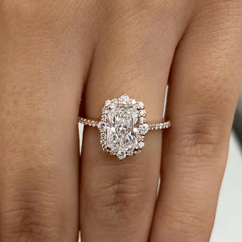 1.8ct E/VVS2 Radiant Cut Lab Created Diamond Proposal Ring 14K Rose Gold Setting Round Side Stones Cut