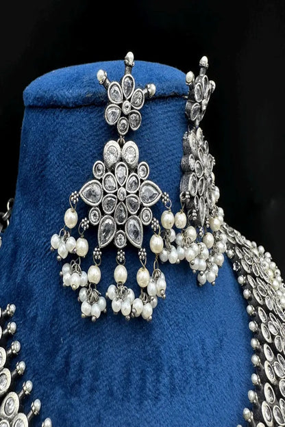 Vastrabhushan Oxidized Silver Choker Necklace Set: Pearl & Kundan Stone Indian Jewelry