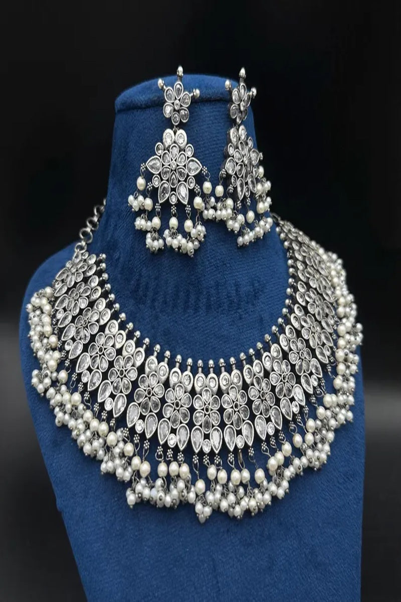 Vastrabhushan Oxidized Silver Choker Necklace Set: Pearl & Kundan Stone Indian Jewelry