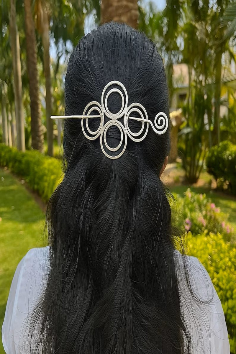 Vastrabhushan Handmade Silver Hair Stick | Boho Geometric Spiral Bun Holder