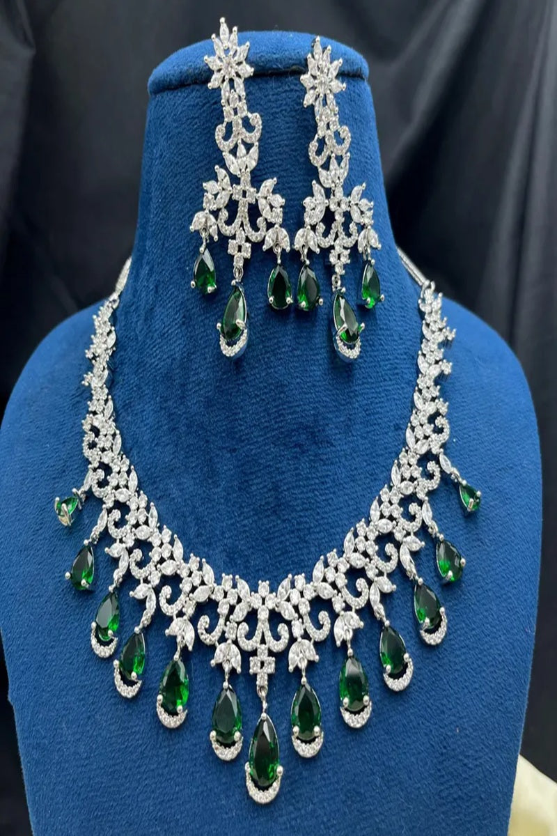 Vastrabhushan Emerald Green CZ Necklace Set: Indian Bollywood Jewelry