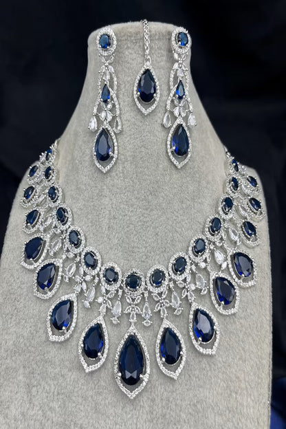 Vastrabhushan Royal Blue Sapphire Bridal Jewelry Set: CZ Crystal Choker