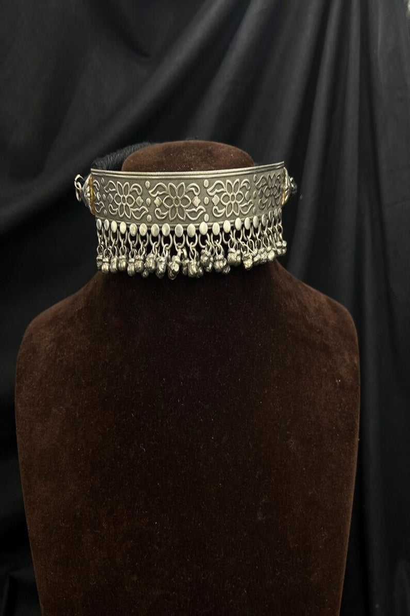 Vastrabhushan Oxidised Silver Torque Choker Necklace with Ghungroo | Vintage Tribal Boho Statement Jewellery