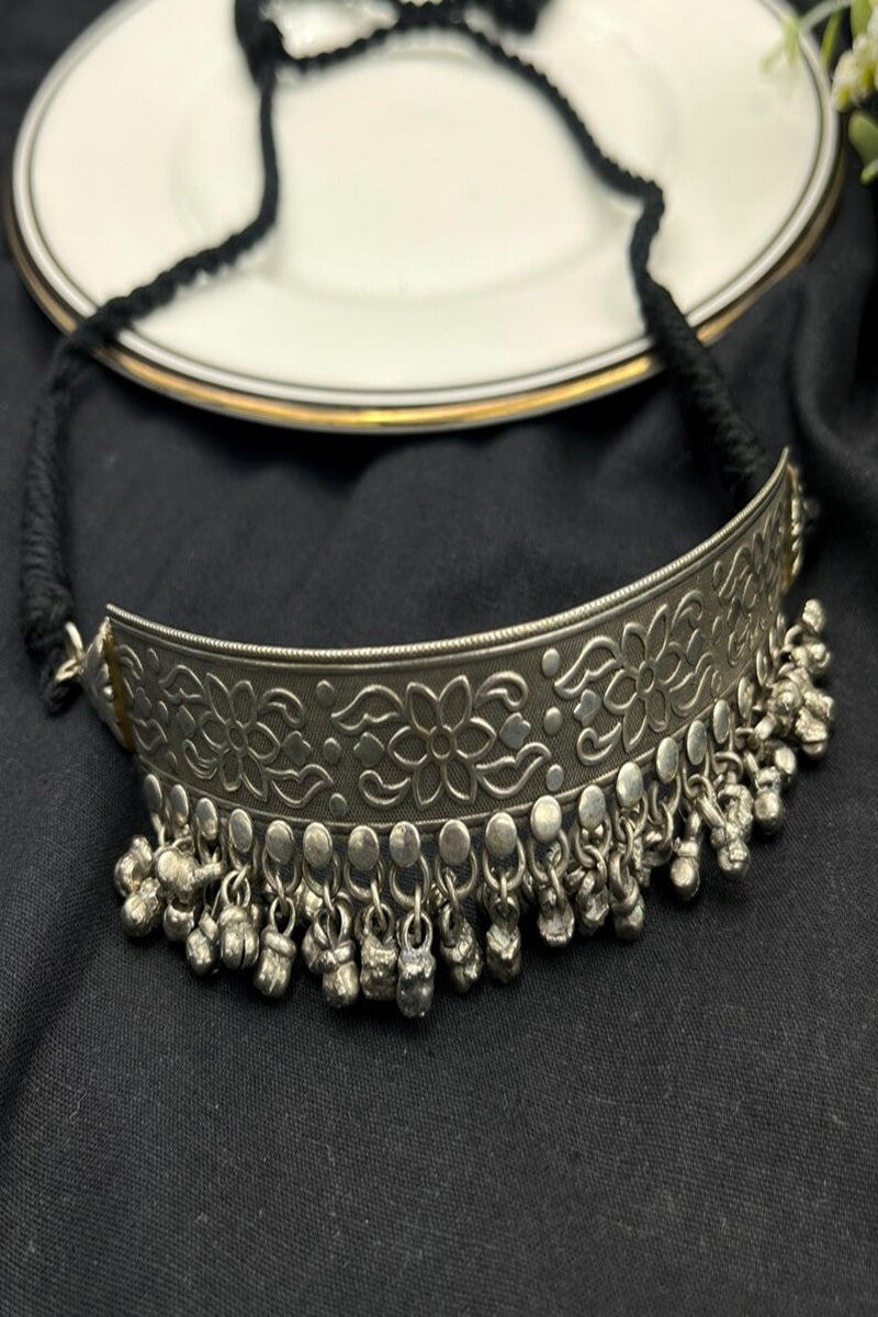 Vastrabhushan Oxidised Silver Torque Choker Necklace with Ghungroo | Vintage Tribal Boho Statement Jewellery