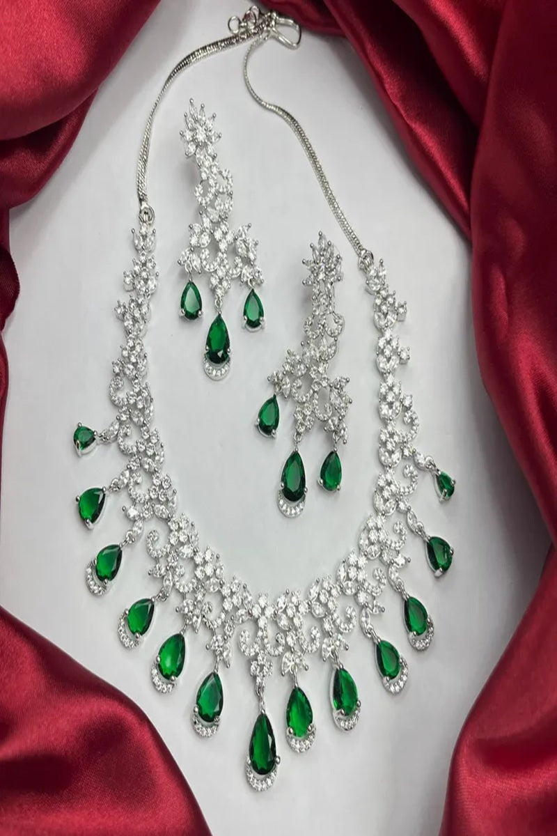 Vastrabhushan Emerald Green CZ Necklace Set: Indian Bollywood Jewelry