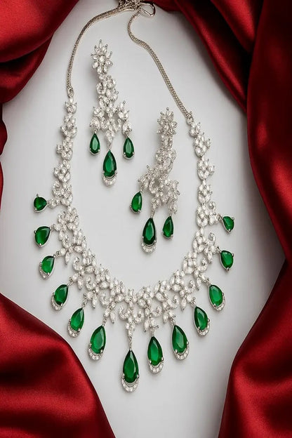 Vastrabhushan Emerald Green CZ Necklace Set: Indian Bollywood Jewelry