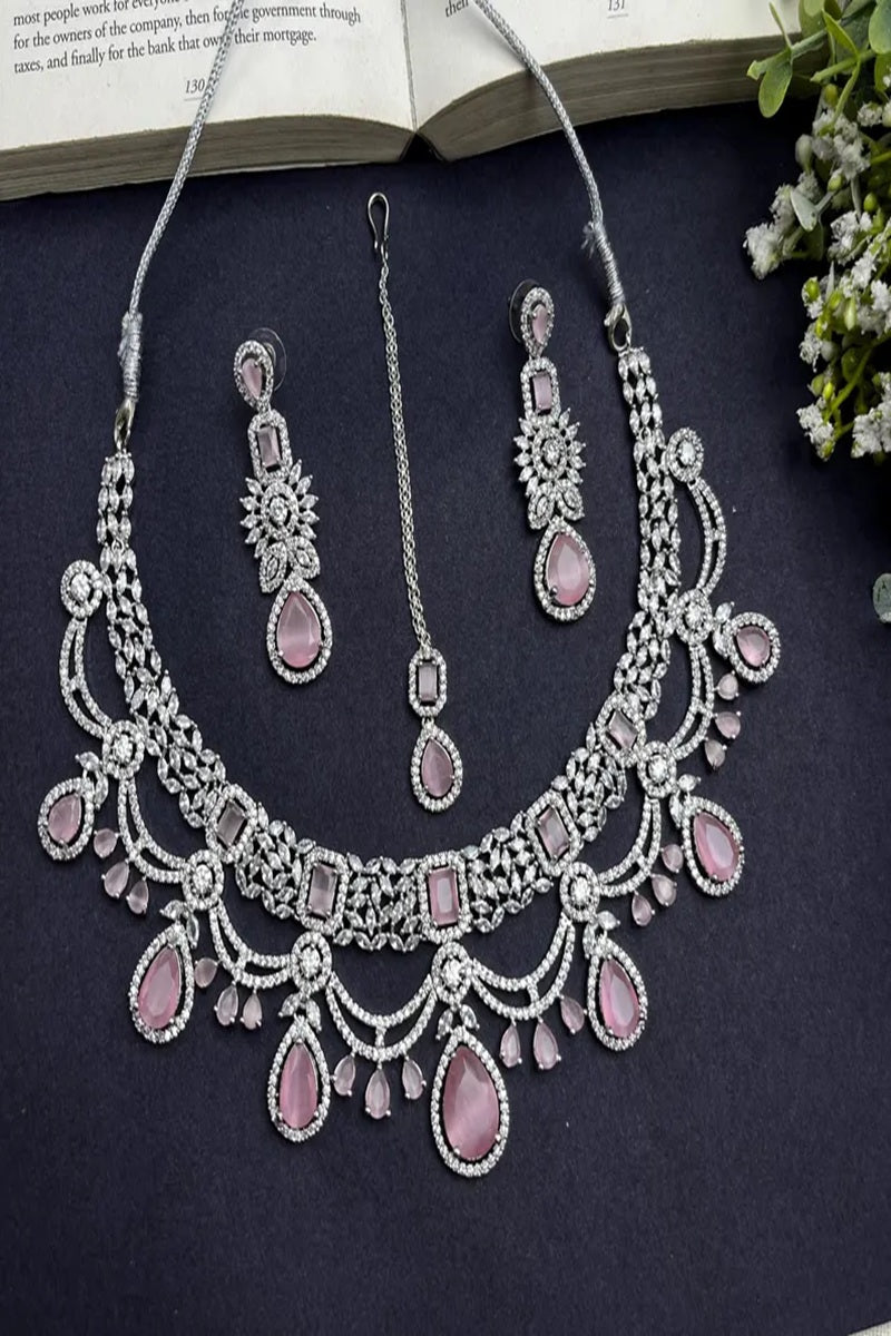 Vastrabhushan Bridal Pink Stone Choker Necklace Set: CZ Diamond Indian Wedding Jewelry
