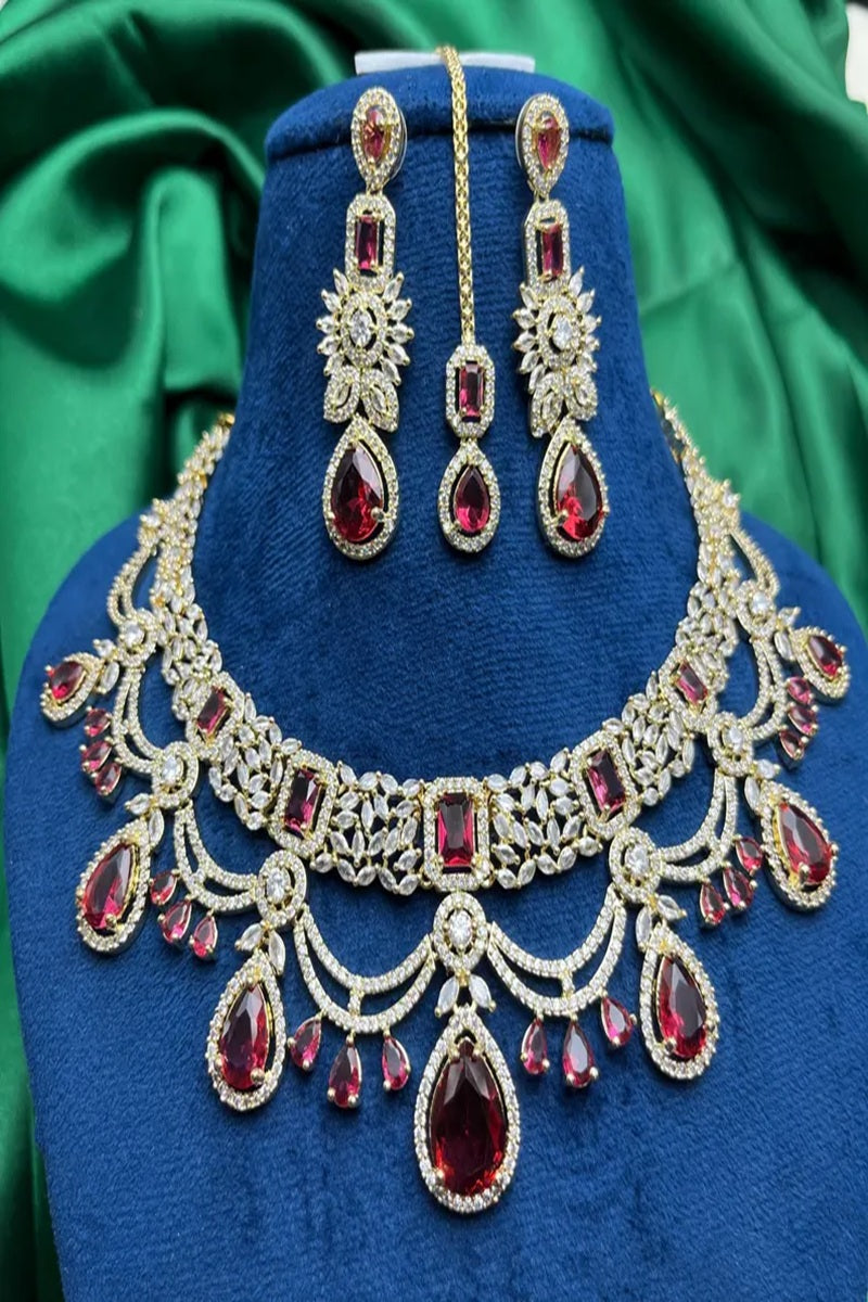 Vastrabhushan Red Stone Kundan Bridal Jewelry Set | Choker Necklace, Maang Tikka