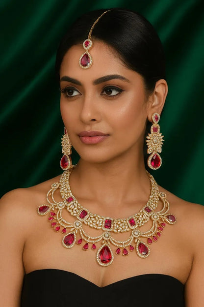 Vastrabhushan Red Stone Kundan Bridal Jewelry Set | Choker Necklace, Maang Tikka