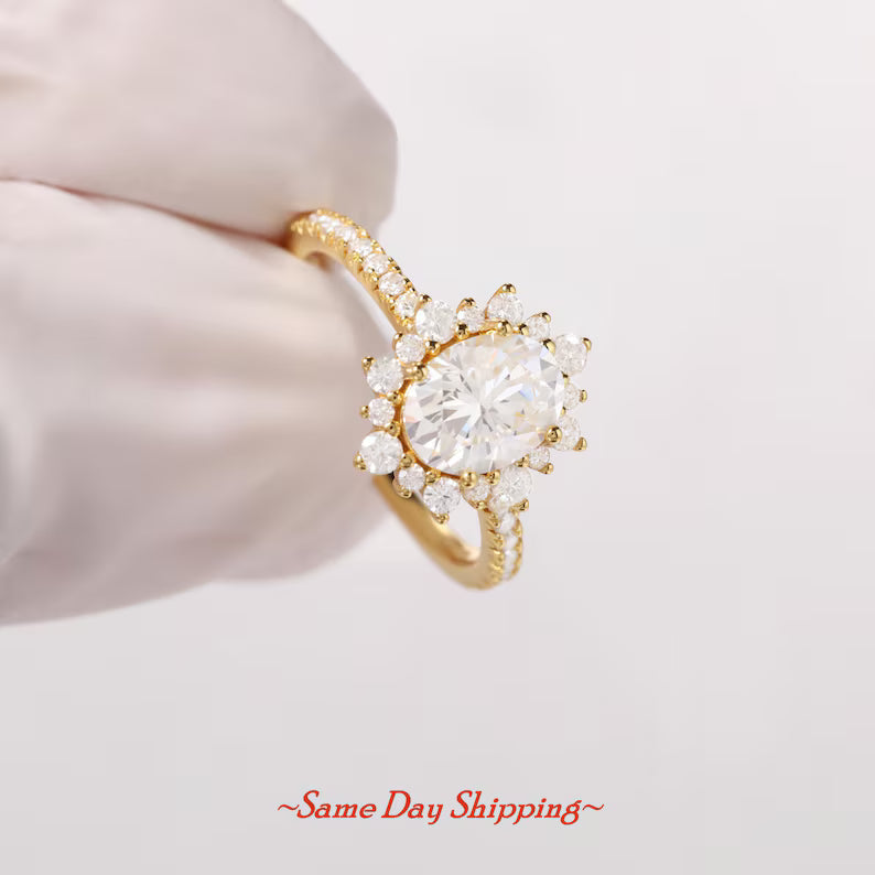 2.0ctw Gold Statement Ring, Moissanite Diamond Ring Engagement Ring Promise Ring Gold Wedding Ring Women Ring, Handmade Jewelry Gift for Her
