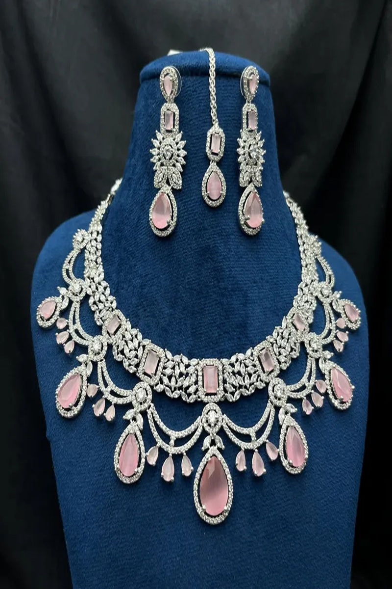 Vastrabhushan Bridal Pink Stone Choker Necklace Set: CZ Diamond Indian Wedding Jewelry