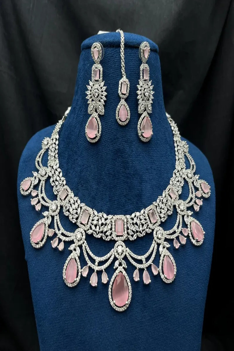 Vastrabhushan Bridal Pink Stone Choker Necklace Set: CZ Diamond Indian Wedding Jewelry