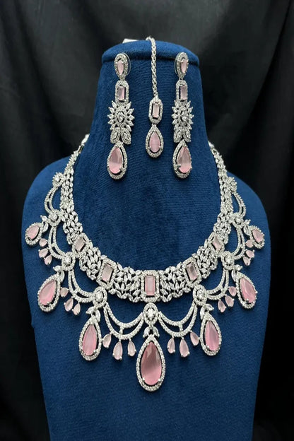 Vastrabhushan Bridal Pink Stone Choker Necklace Set: CZ Diamond Indian Wedding Jewelry