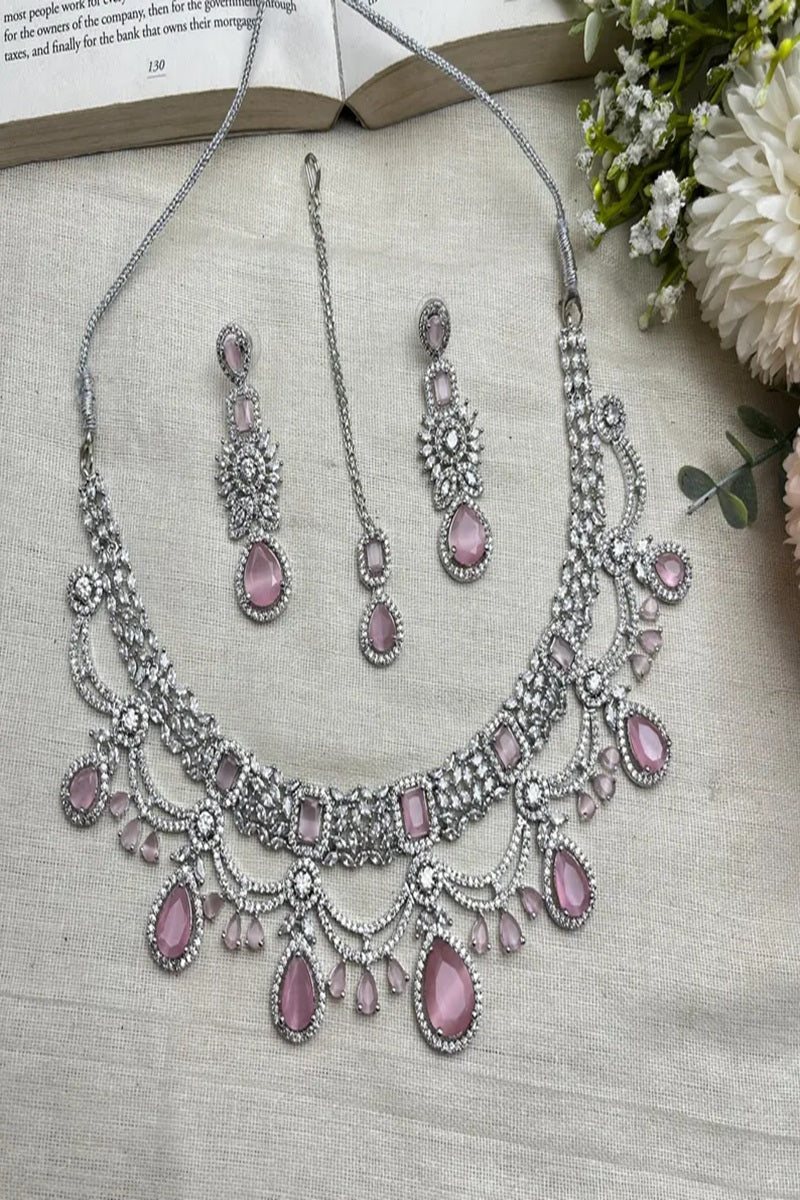 Vastrabhushan Bridal Pink Stone Choker Necklace Set: CZ Diamond Indian Wedding Jewelry