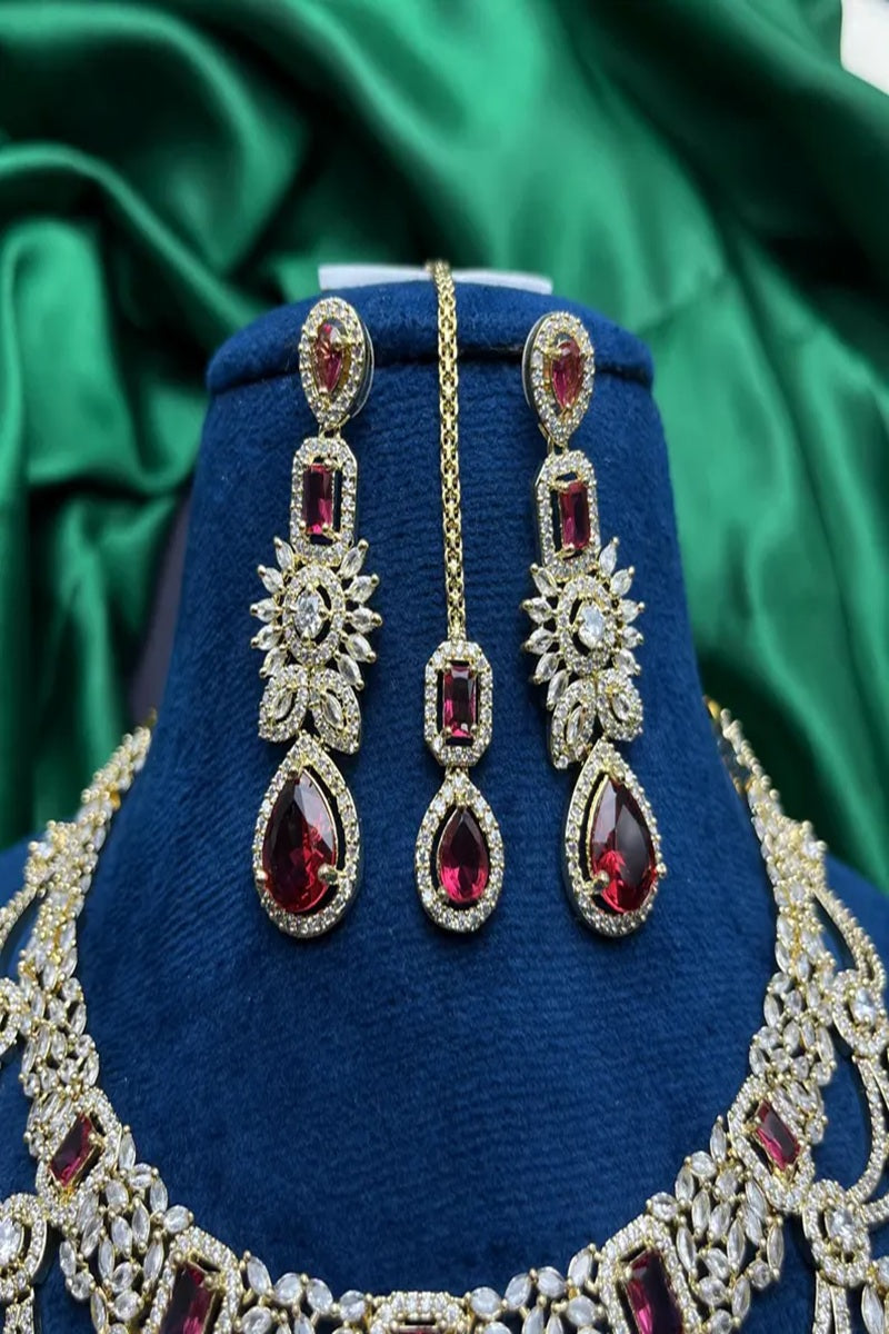 Vastrabhushan Red Stone Kundan Bridal Jewelry Set | Choker Necklace, Maang Tikka