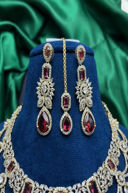 Vastrabhushan Red Stone Kundan Bridal Jewelry Set | Choker Necklace, Maang Tikka
