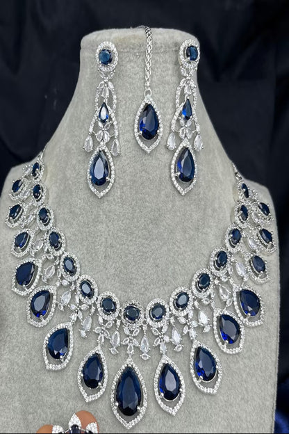 Vastrabhushan Royal Blue Sapphire Bridal Jewelry Set: CZ Crystal Choker