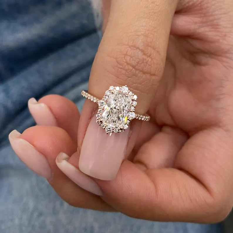 1.8ct E/VVS2 Radiant Cut Lab Created Diamond Proposal Ring 14K Rose Gold Setting Round Side Stones Cut