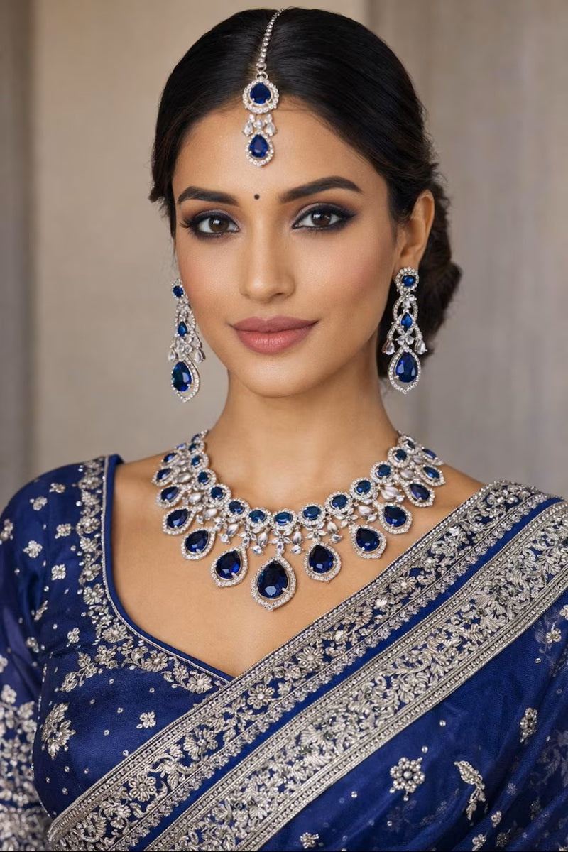 Vastrabhushan Royal Blue Sapphire Bridal Jewelry Set: CZ Crystal Choker