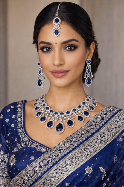 Vastrabhushan Royal Blue Sapphire Bridal Jewelry Set: CZ Crystal Choker