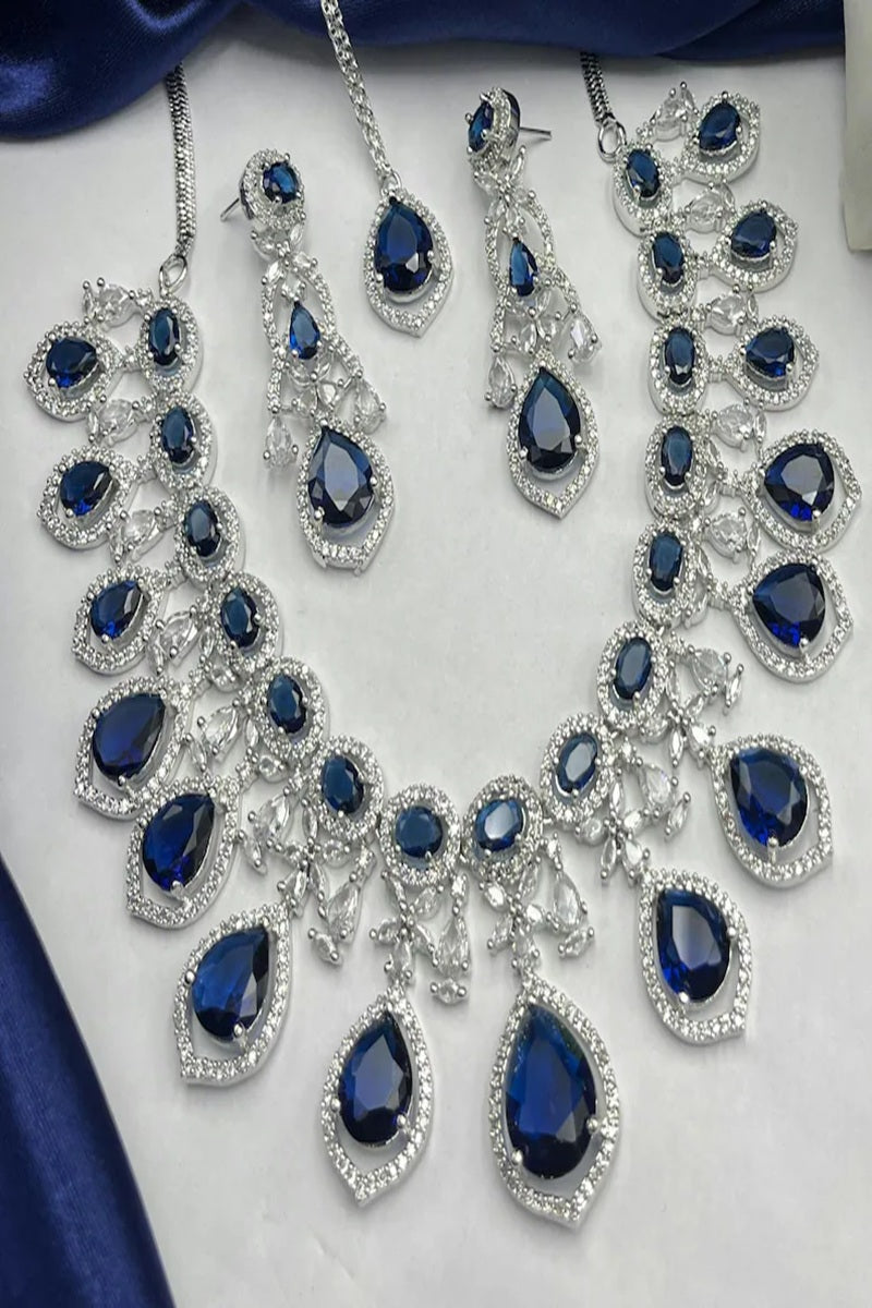Vastrabhushan Royal Blue Sapphire Bridal Jewelry Set: CZ Crystal Choker