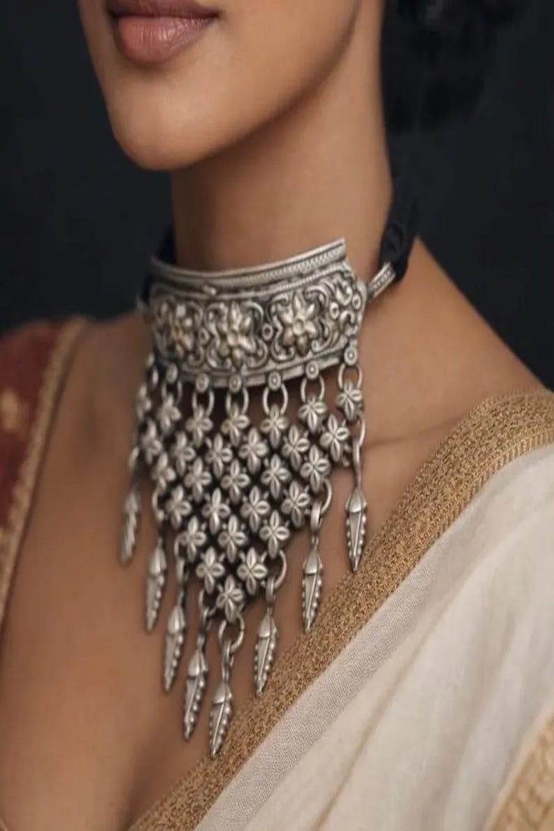 Vastrabhushan Oxidised Silver Tribal Choker Necklace | Vintage Ethnic Statement Hasli Torque Necklace