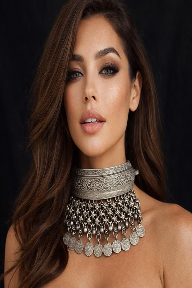 Vastrabhushan Oxidized Silver Chitai Torque Hasuli Necklace – Tribal Indian Boho Choker with Coin & Ghungroo