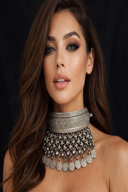 Vastrabhushan Oxidized Silver Chitai Torque Hasuli Necklace – Tribal Indian Boho Choker with Coin & Ghungroo