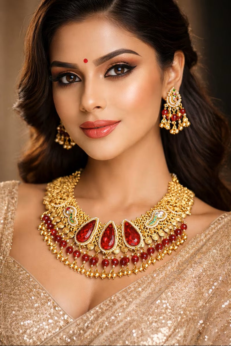 Vastrabhushan Antique Gold Kundan Choker Necklace Set with Ruby Red Stones