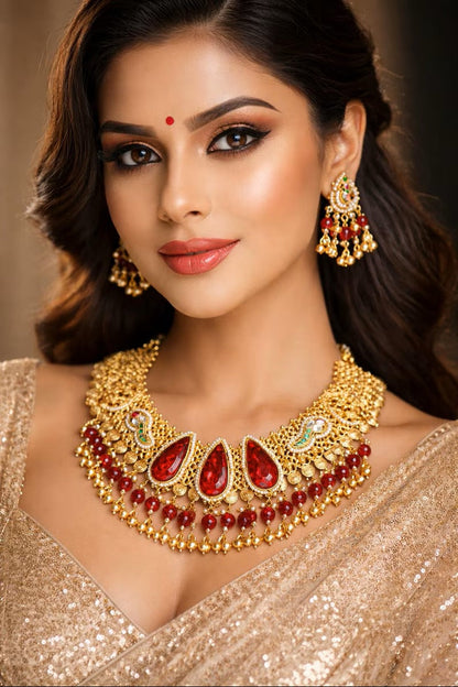 Vastrabhushan Antique Gold Kundan Choker Necklace Set with Ruby Red Stones