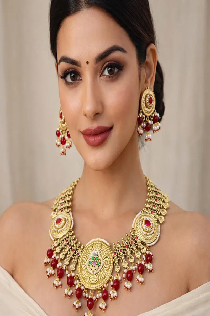 Vastrabhushan Antique Gold Kundan Necklace Set | Indian Bridal Jewelry with Pearls & Red Stones