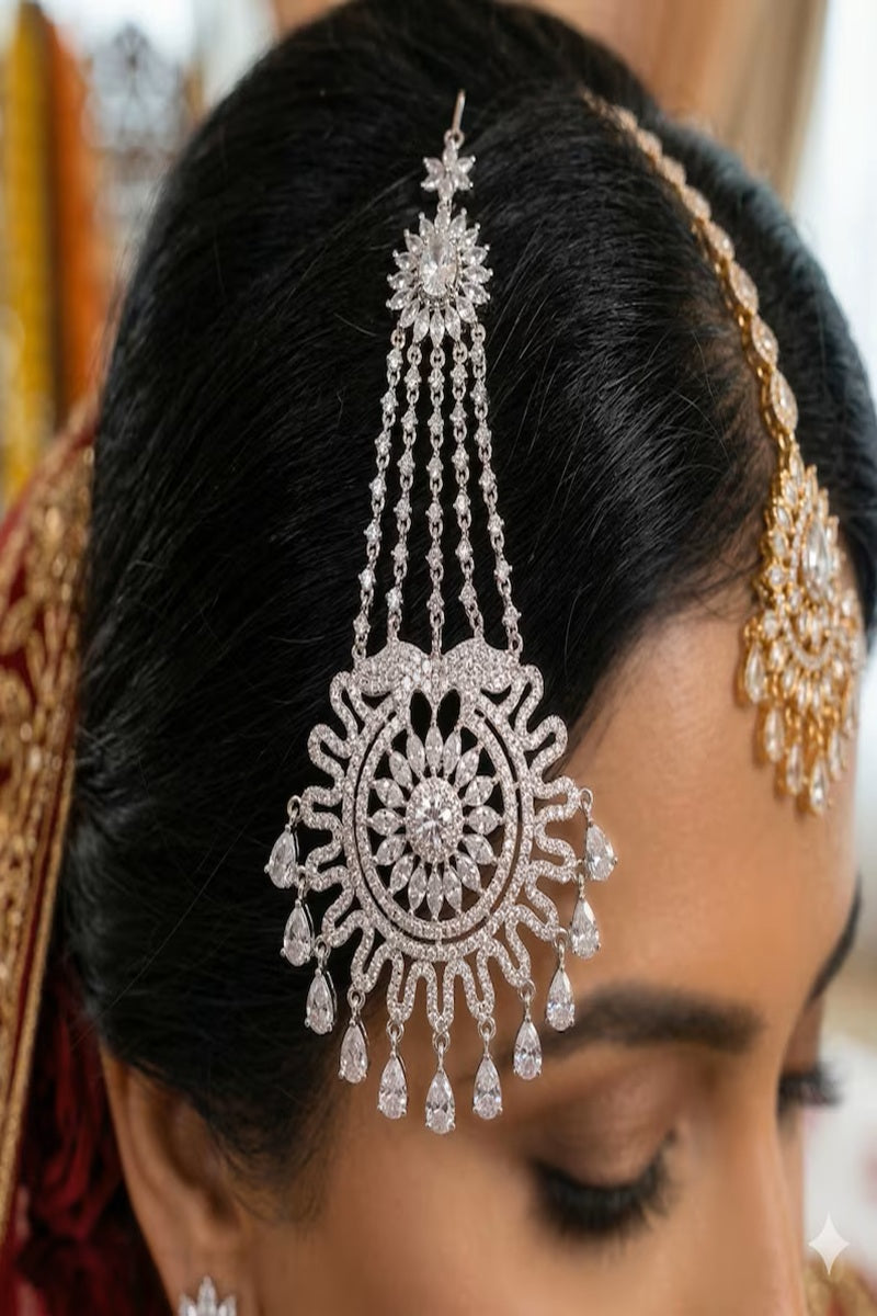 Vastrabhushan Silver-Finished Bridal Passa Zircon Studded Jhumar Hair Jewelry for Weddings