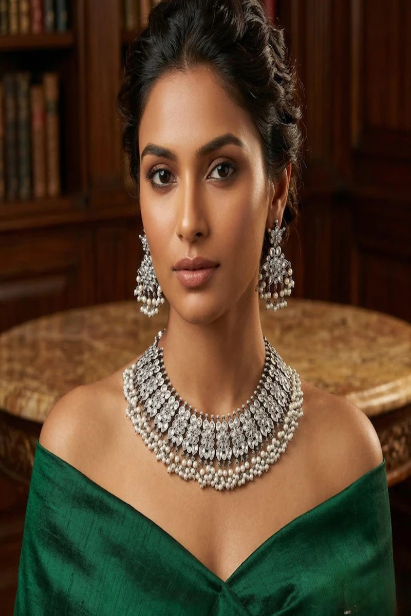 Vastrabhushan Oxidized Silver Choker Necklace Set: Pearl & Kundan Stone Indian Jewelry