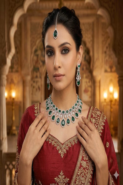 Vastrabhushan Emerald Green Kundan Necklace Set with Maang Tika, Earrings
