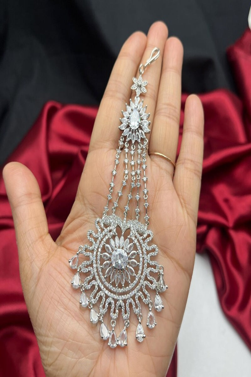Vastrabhushan Silver-Finished Bridal Passa Zircon Studded Jhumar Hair Jewelry for Weddings