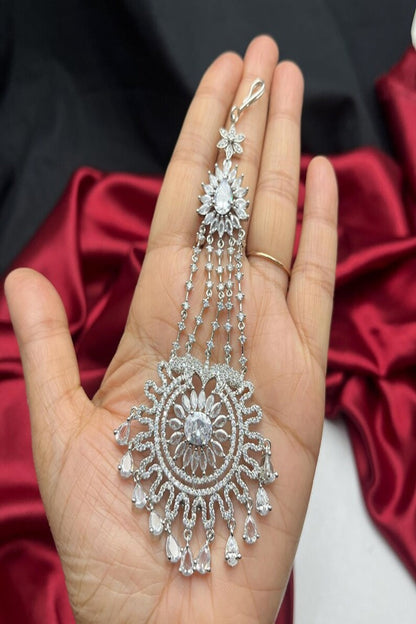 Vastrabhushan Silver-Finished Bridal Passa Zircon Studded Jhumar Hair Jewelry for Weddings