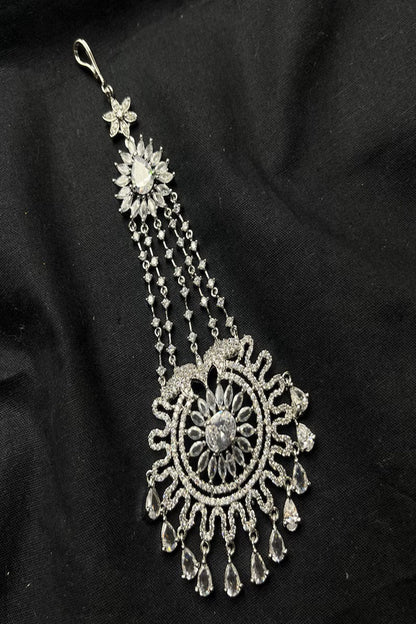Vastrabhushan Silver-Finished Bridal Passa Zircon Studded Jhumar Hair Jewelry for Weddings