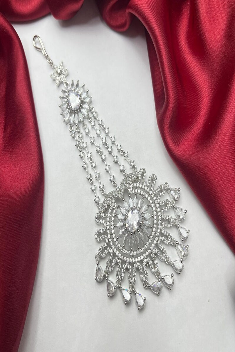 Vastrabhushan Silver-Finished Bridal Passa Zircon Studded Jhumar Hair Jewelry for Weddings