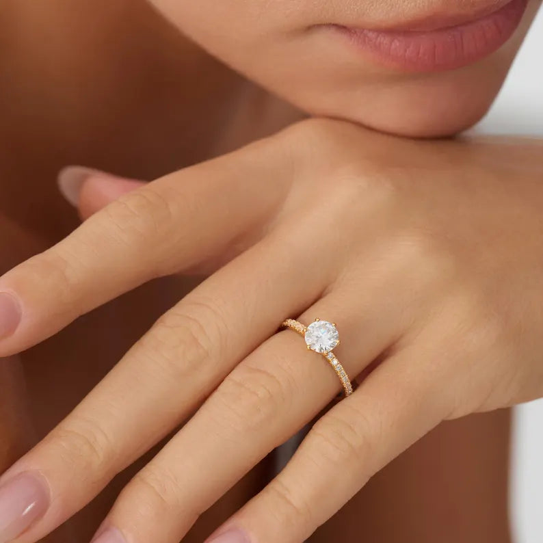 1.2ctw Gold Engagement Ring, Moissanite Diamond Ring Promise Ring Statement Ring Gold Wedding Ring Women Ring, Handmade Jewelry Gift for Her