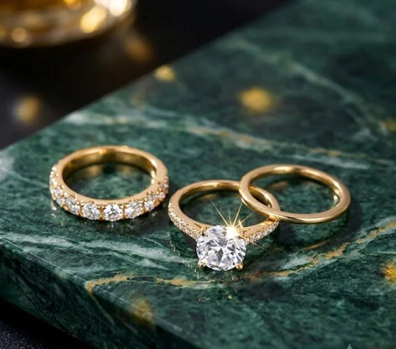 Round Cut Solitaire Engagement Ring Set, 3 Piece Stackable Bridal Rings,Moissanite Wedding Band,Dainty Promise Ring, Christmas Gifts For Her