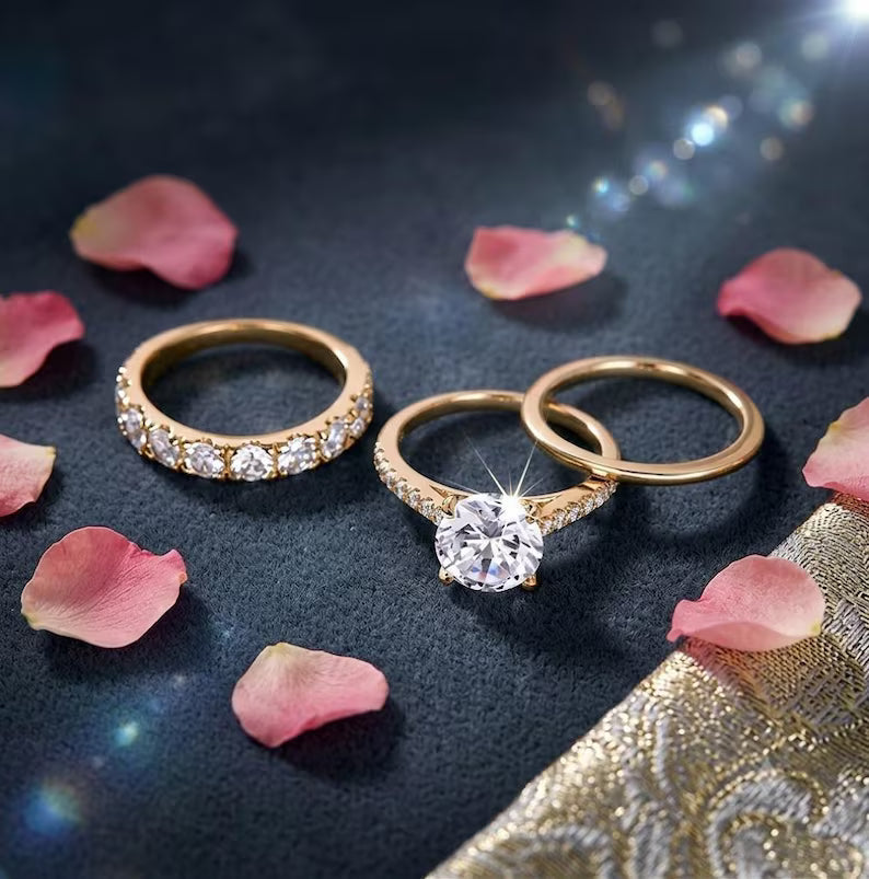 Round Cut Solitaire Engagement Ring Set, 3 Piece Stackable Bridal Rings,Moissanite Wedding Band,Dainty Promise Ring, Christmas Gifts For Her